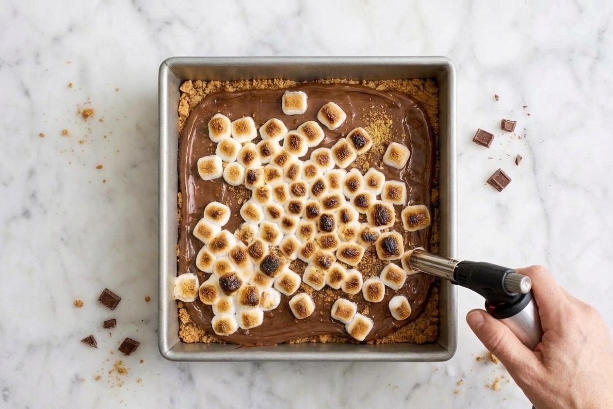 A metal baking pan filled with s’mores bars featuring a golden toasted marshmallow top with melted chocolate peeking through on a light kitchen counter