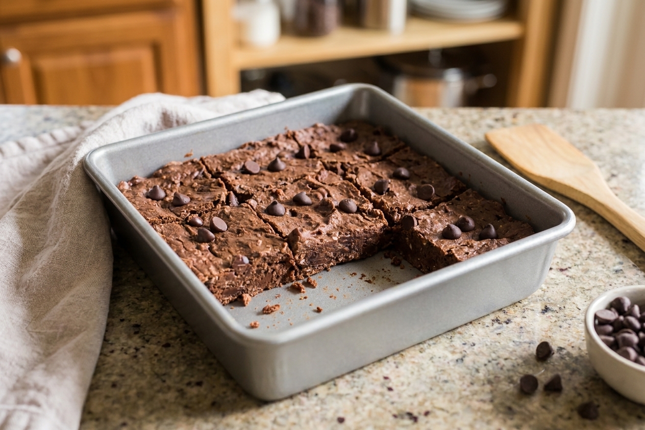 A metal baking pan filled with thick, fudgy protein brownies cut into squares on a stone countertop with warm kitchen lighting