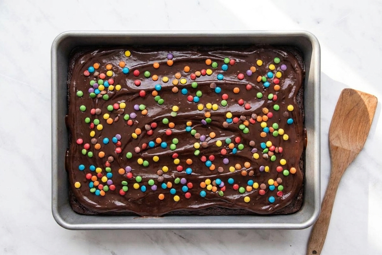 A metal baking pan filled with thick homemade cosmic brownies topped with glossy chocolate ganache and scattered rainbow candy chips