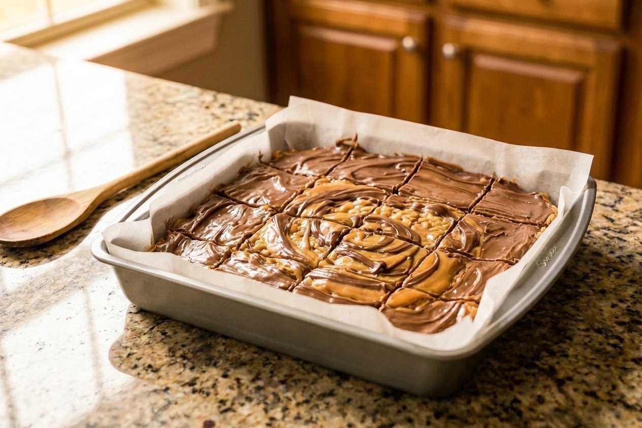 A metal baking pan of Special K bars cut into neat squares with a shiny chocolate butterscotch top layer on a light kitchen counter