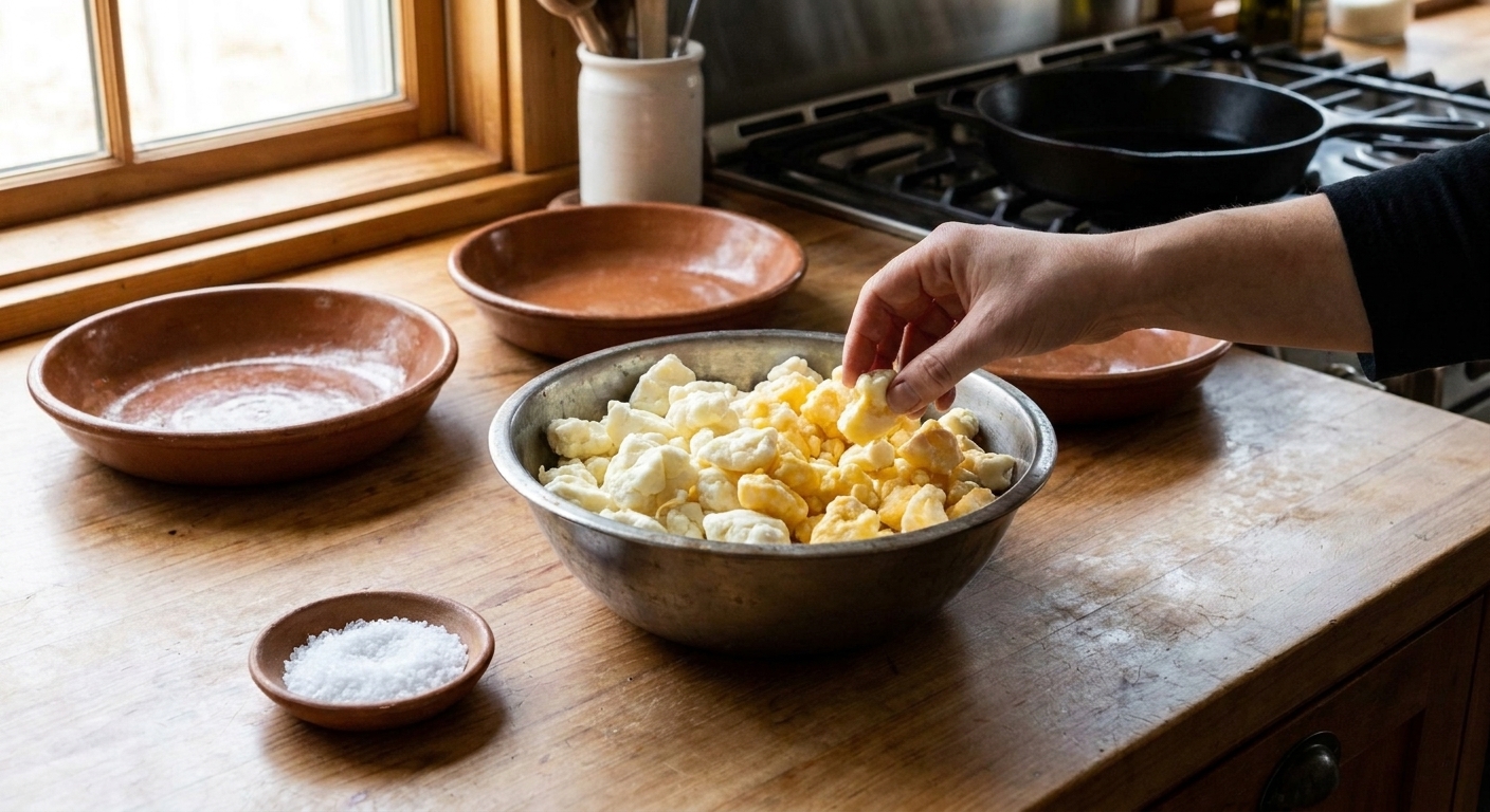 A metal bowl filled with fresh cheddar cheese curds on a kitchen counter with a small dish of salt nearby