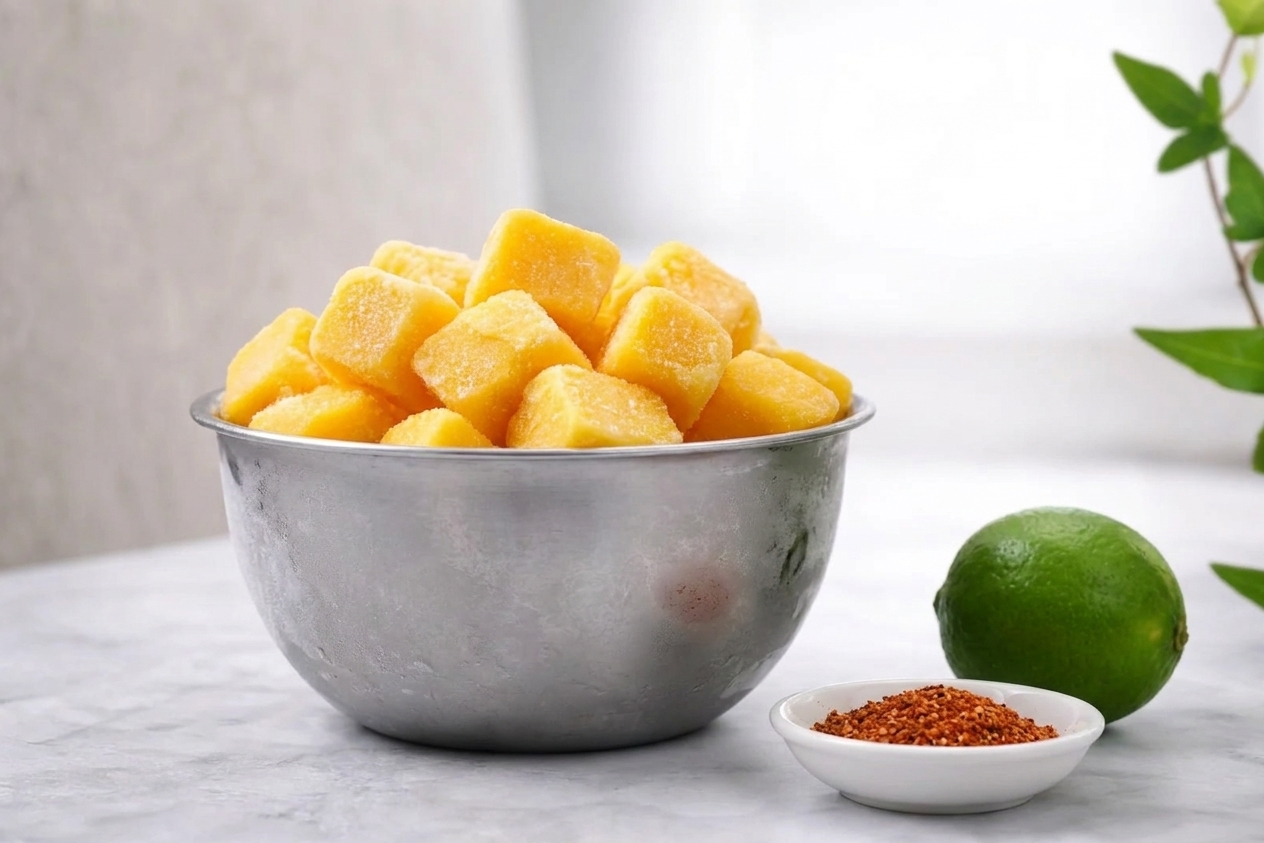 A metal bowl filled with frozen mango chunks on a clean kitchen counter next to a lime and a small dish of chili-lime seasoning