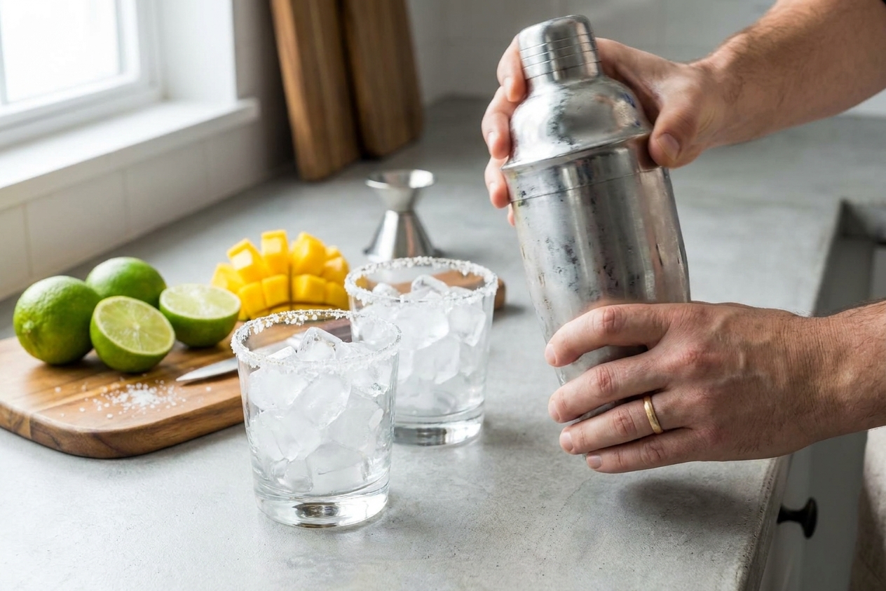 A metal cocktail shaker being shaken beside two rimmed rocks glasses filled with ice on a kitchen counter