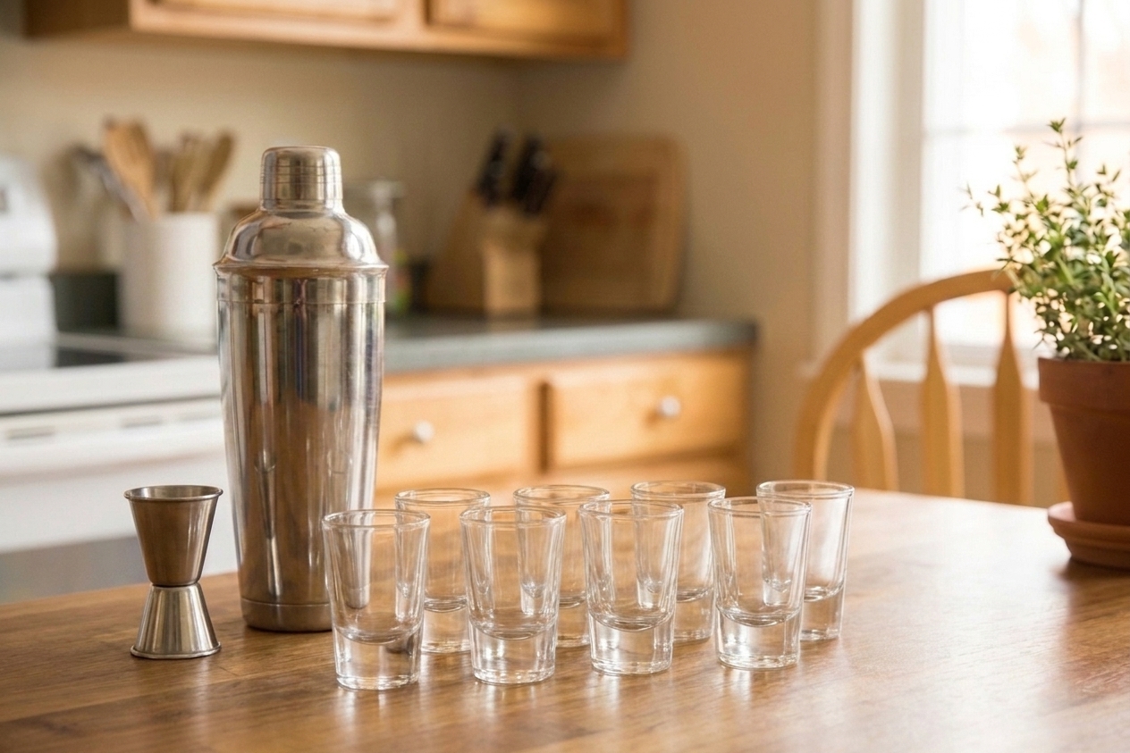 A metal cocktail shaker beside a small jigger and clean empty shot glasses on a bright kitchen counter