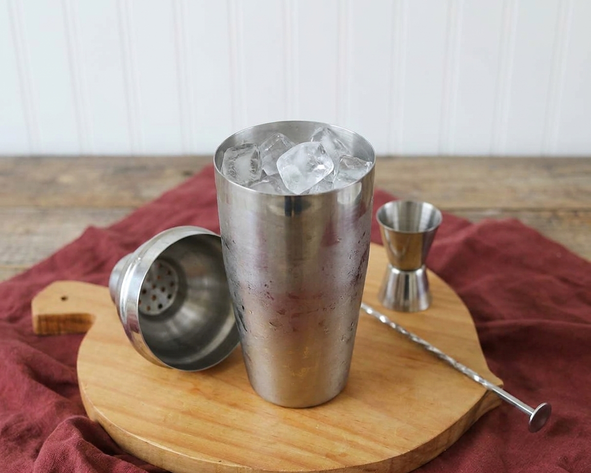A metal cocktail shaker half filled with clear ice cubes on a kitchen counter, ready for mixing