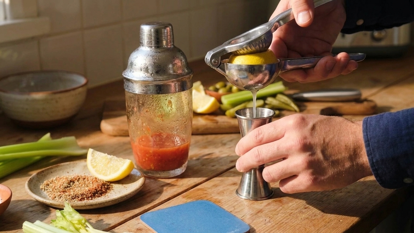 A metal cocktail shaker, jigger, and citrus juicer set on a clean kitchen counter with a cutting board