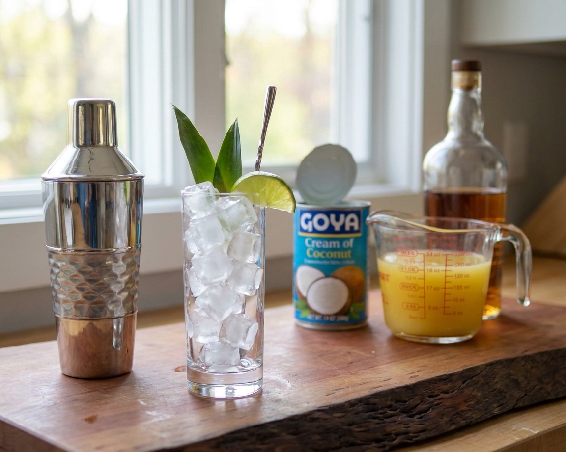 A metal cocktail shaker on a home kitchen counter next to a tall glass filled with ice, ready for a tropical drink