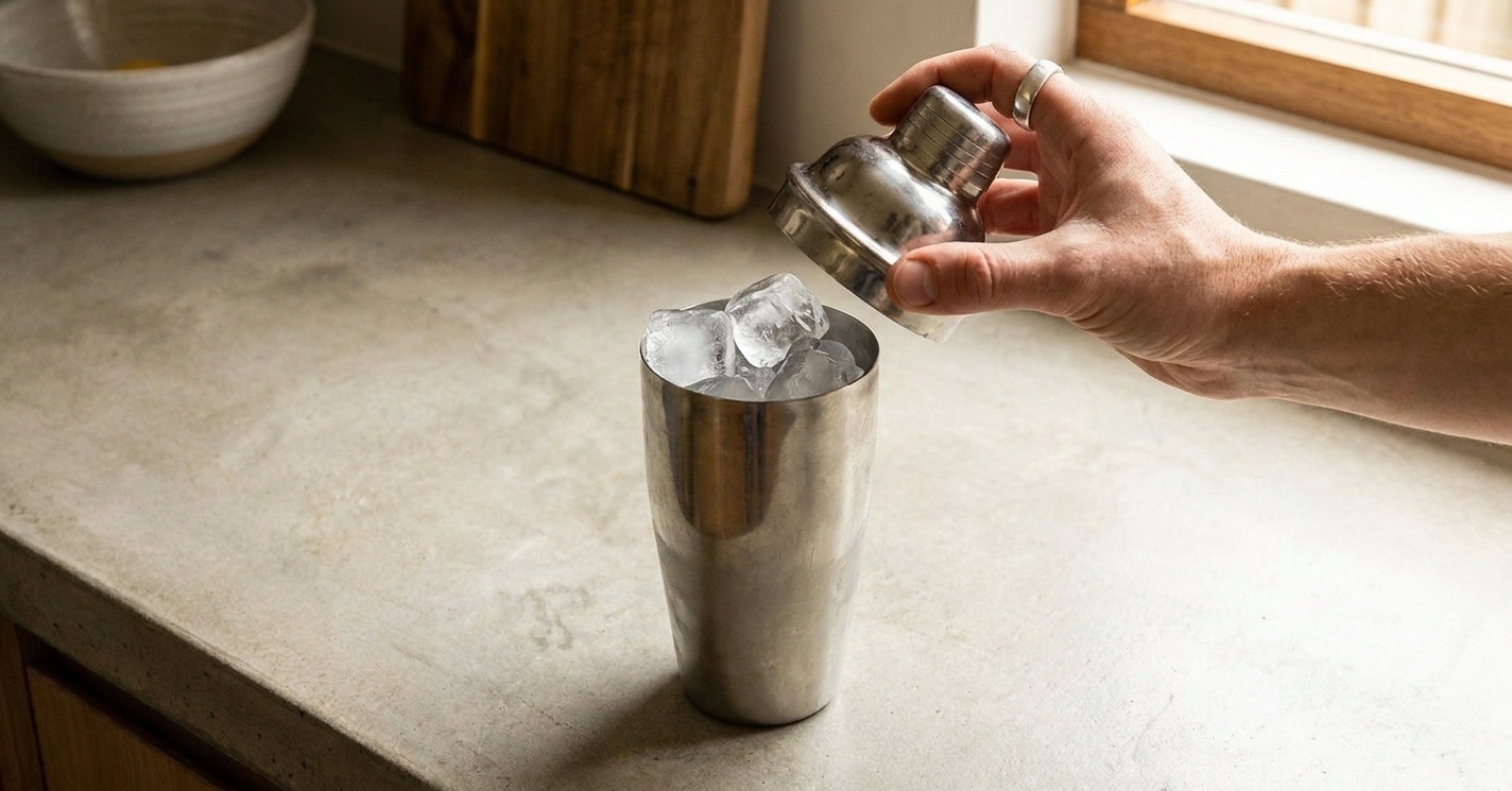 A metal cocktail shaker with ice on a kitchen counter, ready for mixing