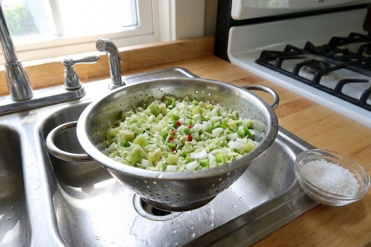 A metal colander in a sink draining salted chopped cabbage, green tomatoes, and peppers