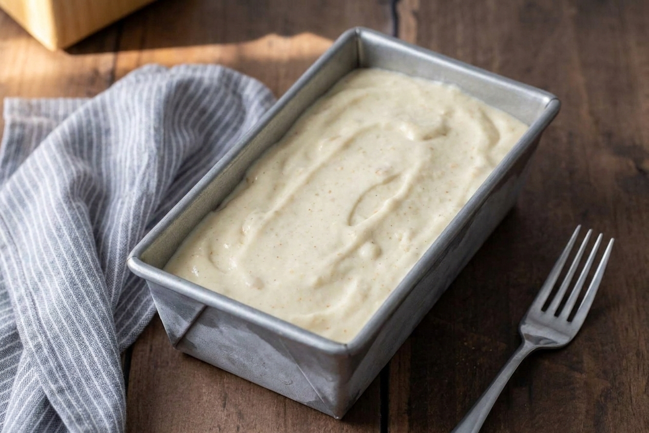 A metal loaf pan filled with pale banana ice cream base, a fork resting beside it on the counter