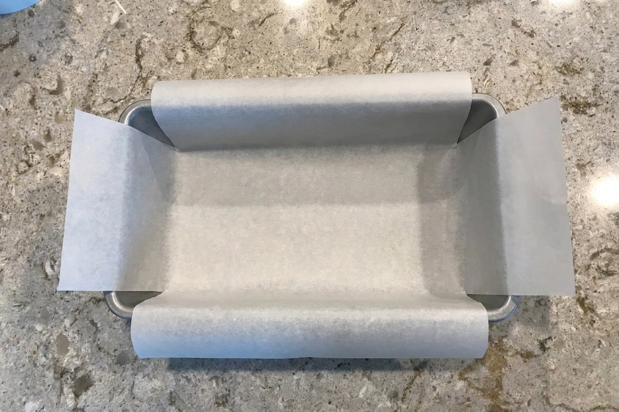 A metal loaf pan lined with a parchment paper sling on a clean kitchen counter, ready for chocolate pound cake batter