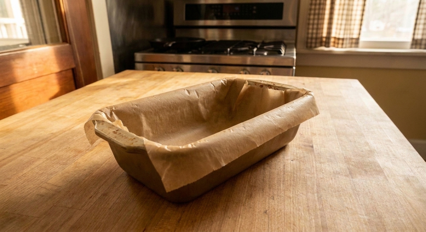 A metal loaf pan lined with parchment paper on a clean kitchen counter, ready for banana bread batter