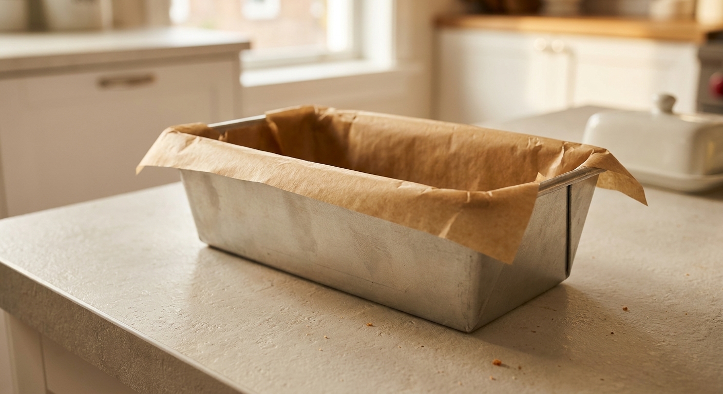 A metal loaf pan lined with parchment paper on a kitchen counter