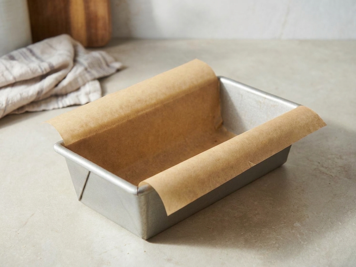 A metal loaf pan lined with parchment paper on a kitchen counter, ready for banana bread batter
