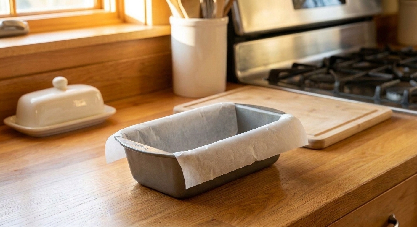 A metal loaf pan lined with parchment paper on a kitchen counter, ready for batter