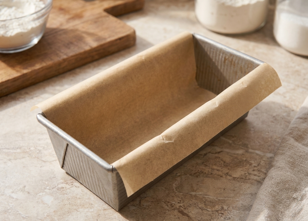 A metal loaf pan lined with parchment paper on a kitchen counter, ready for banana bread batter