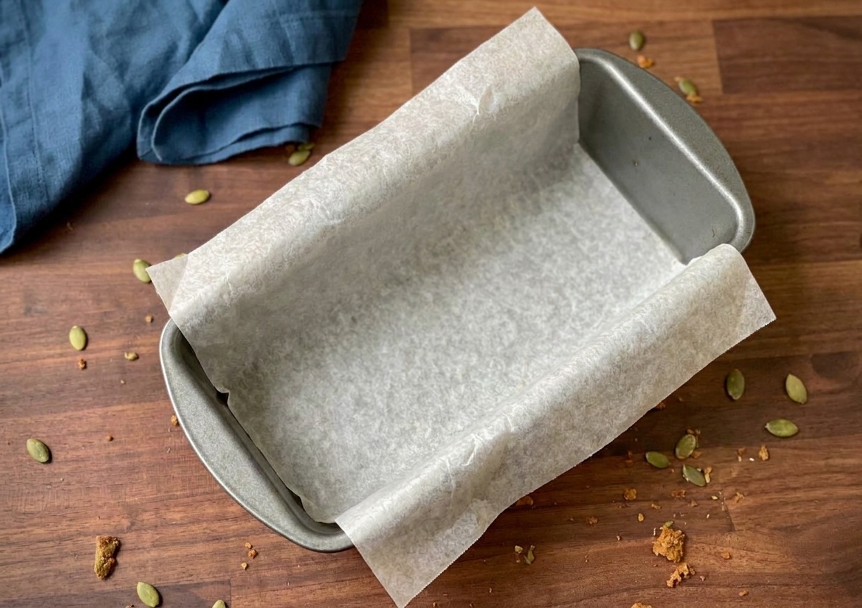 A metal loaf pan lined with parchment paper with overhang handles, sitting on a warm-toned kitchen counter