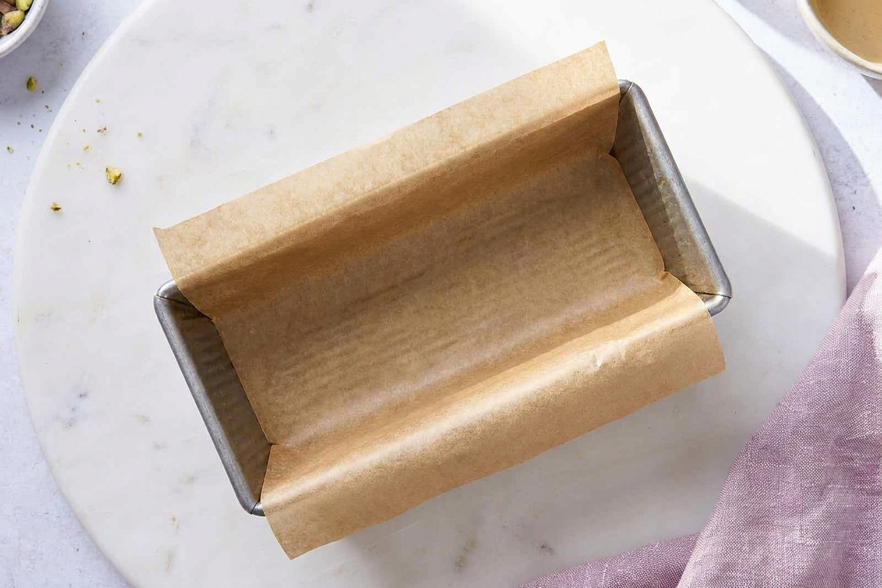 A metal loaf pan lined with parchment paper with overhanging sides on a clean kitchen counter in natural light