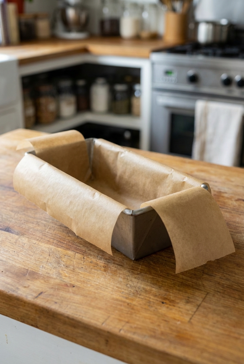 A metal loaf pan on a kitchen counter lined with parchment paper with overhang for easy lifting