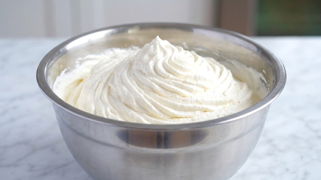 A metal mixing bowl filled with whipped cream at stiff peaks, with defined ridges from the whisk and a clean countertop around it