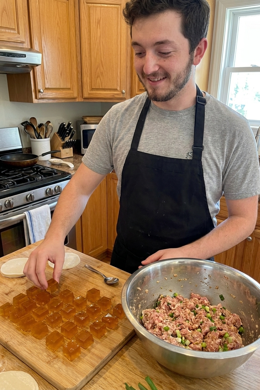 A metal mixing bowl of pork dumpling filling next to a cutting board with small cubes of set aspic jelly, ready to fold into xiaolongbao, real kitchen photo
