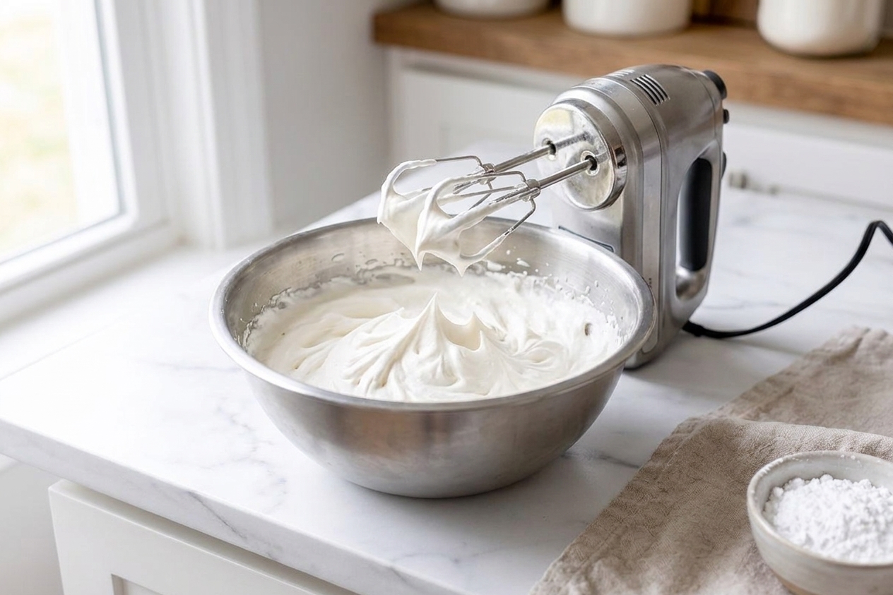 A metal mixing bowl of whipped cream at stiff peaks with a hand mixer lifted above it on a bright kitchen counter