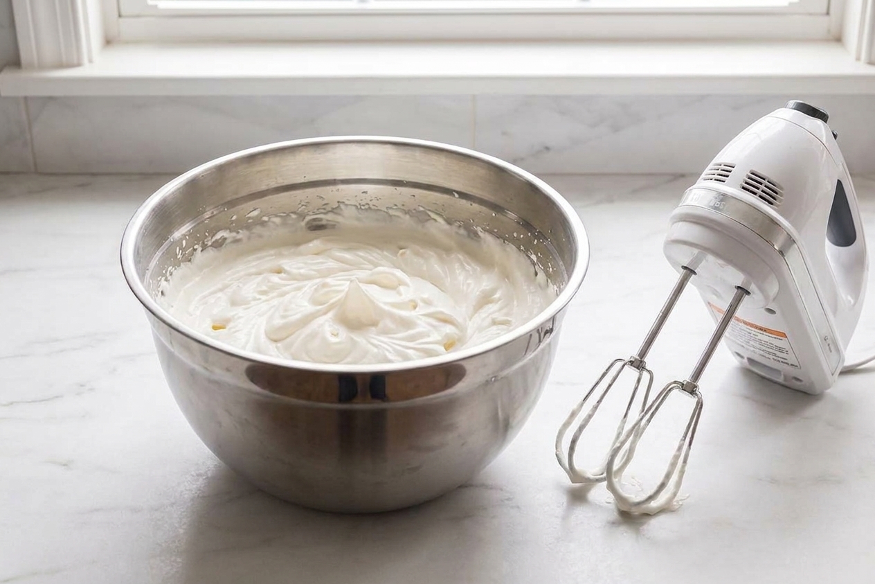 A metal mixing bowl with freshly whipped cream holding medium-stiff peaks beside a hand mixer on a countertop