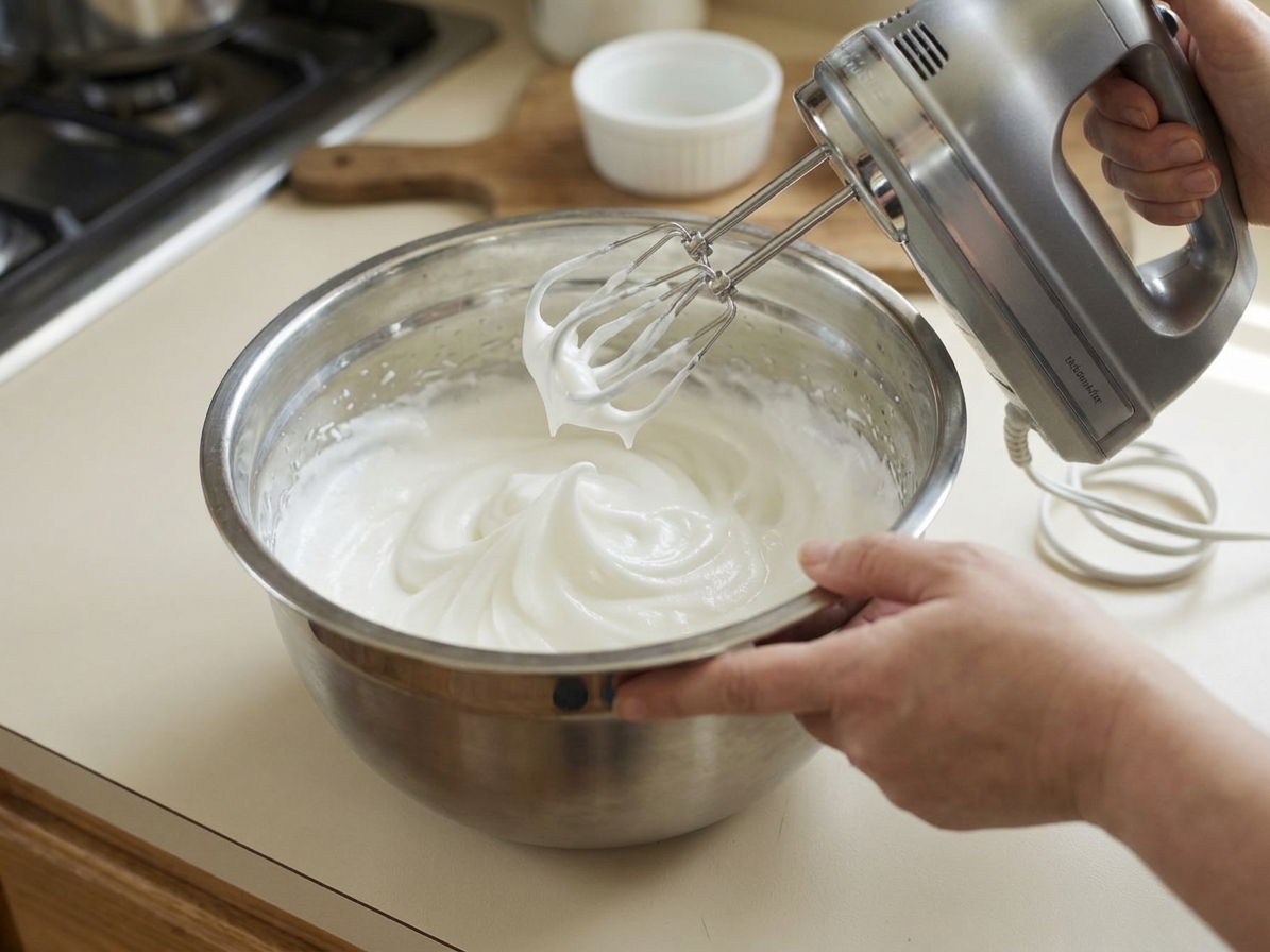 A metal mixing bowl with glossy whipped egg whites forming stiff peaks beside a hand mixer on a kitchen counter