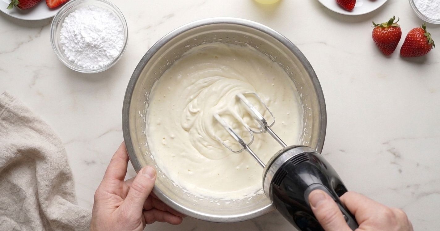 A metal mixing bowl with heavy cream being whipped by a hand mixer on a kitchen counter
