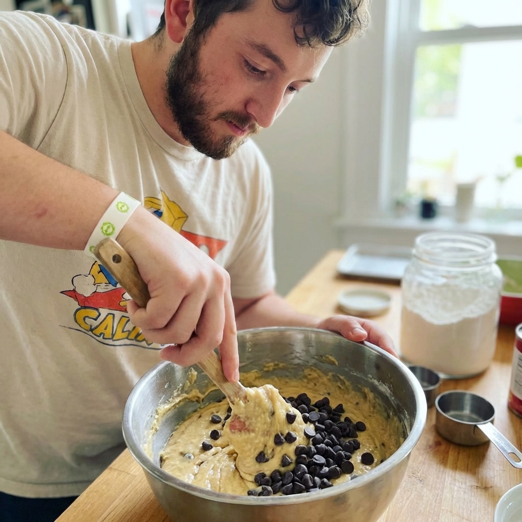 A metal mixing bowl with muffin batter and chocolate chips being folded in with a spatula