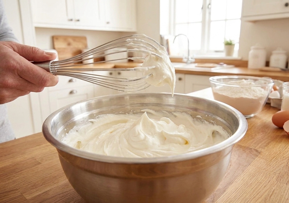 A metal mixing bowl with whipped cream at soft peaks and a whisk lifted above it