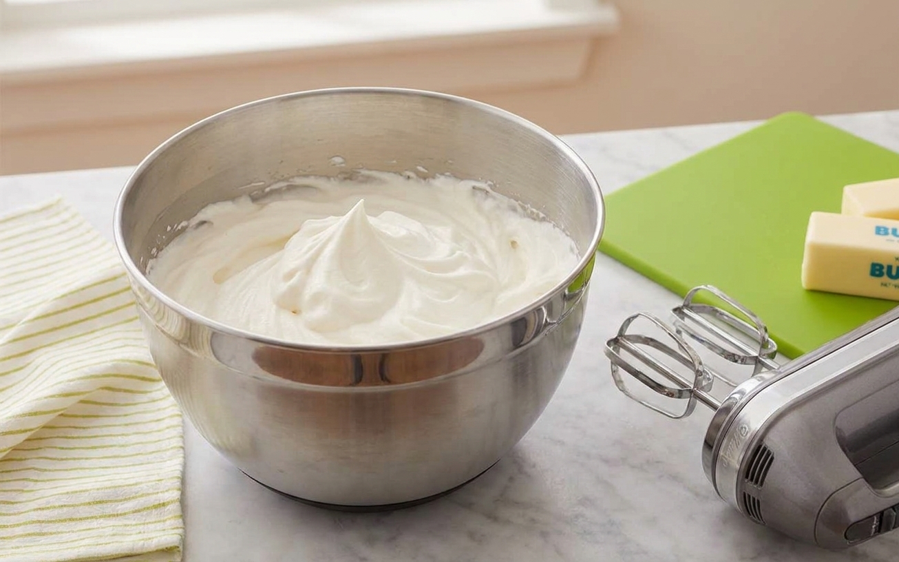 A metal mixing bowl with whipped cream at stiff peaks beside a hand mixer on a bright kitchen counter