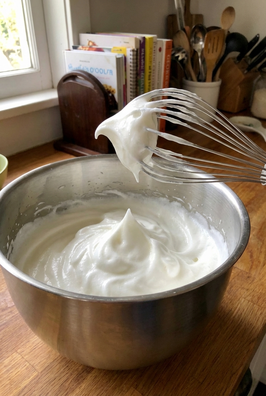 A metal mixing bowl with whipped egg whites at glossy medium peaks, with a whisk lifted above the bowl