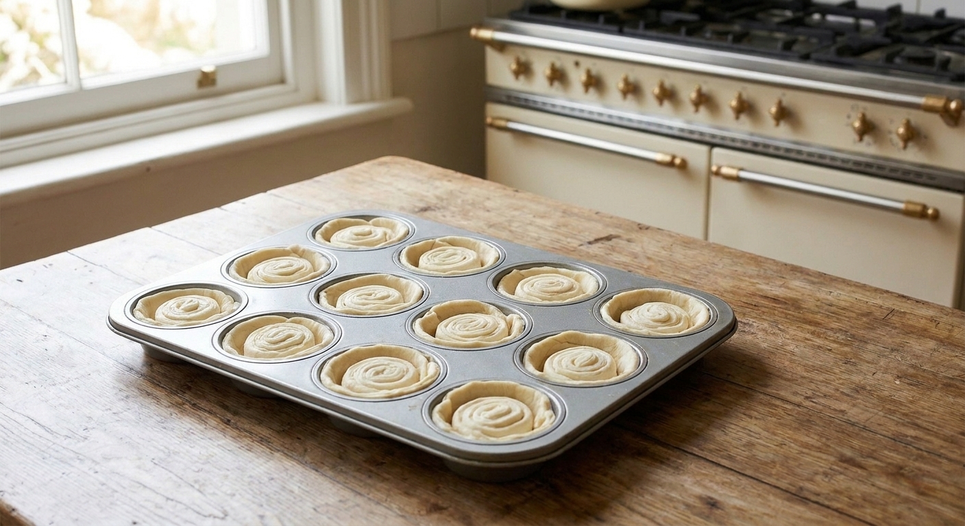A metal muffin tin lined with spiraled puff pastry rounds pressed into cups, ready for filling on a kitchen counter in warm, consistent natural light