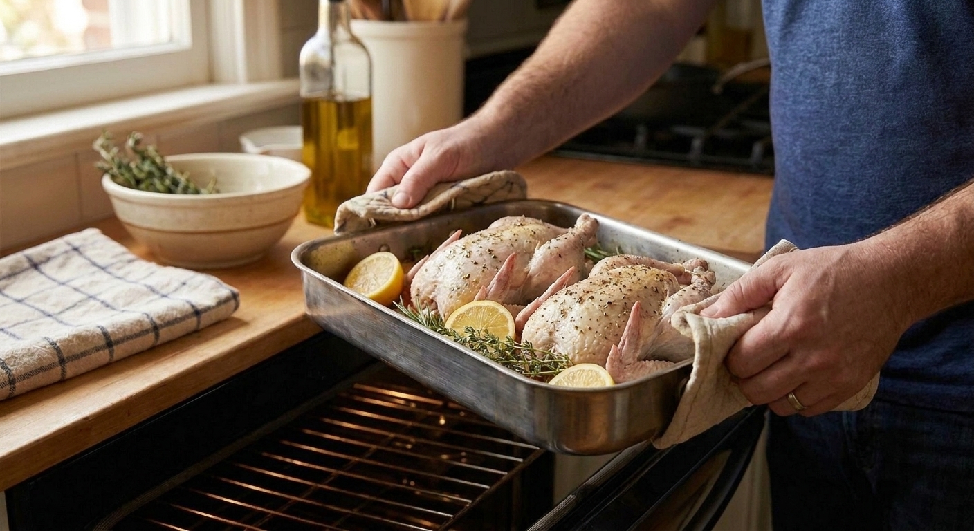 A metal roasting pan with two Cornish game hens and lemon halves being placed into an oven