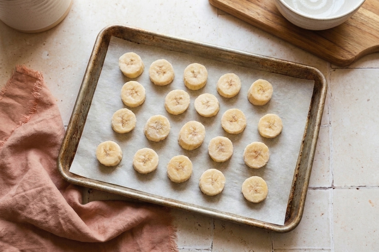 A metal sheet pan lined with parchment holding evenly sliced frozen banana rounds in a single layer on a light kitchen counter