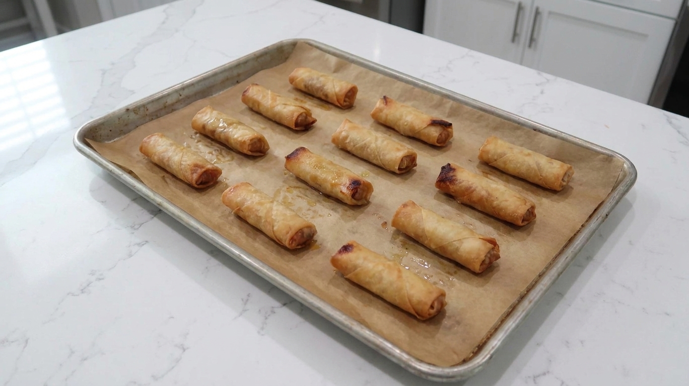 A metal sheet pan lined with parchment holding leftover lumpia being reheated in a home kitchen, with golden rolls spaced apart for crisping