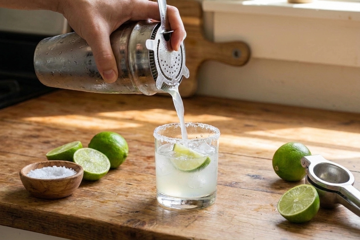 A mezcal margarita being strained from a shaker into a rocks glass filled with ice