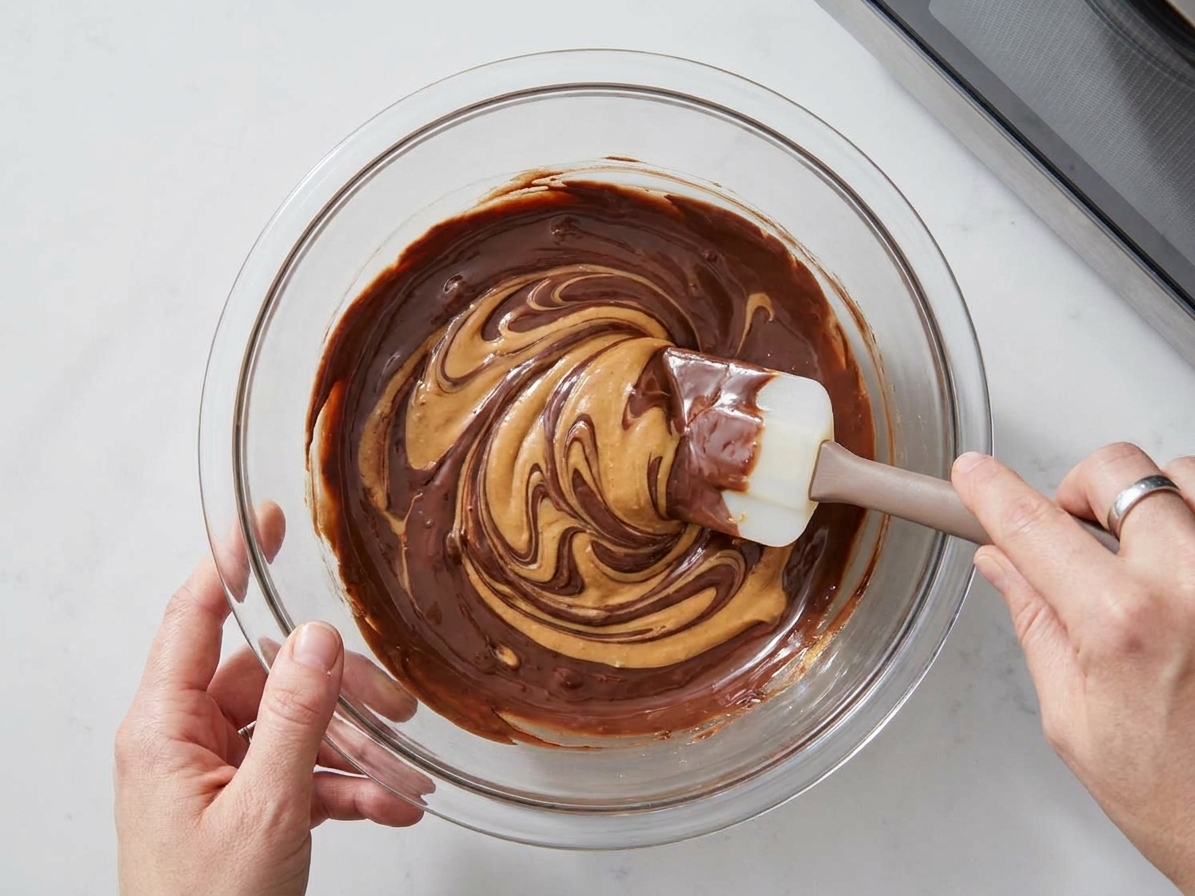 A microwave-safe bowl of melted chocolate and peanut butter being stirred with a spatula on a kitchen counter