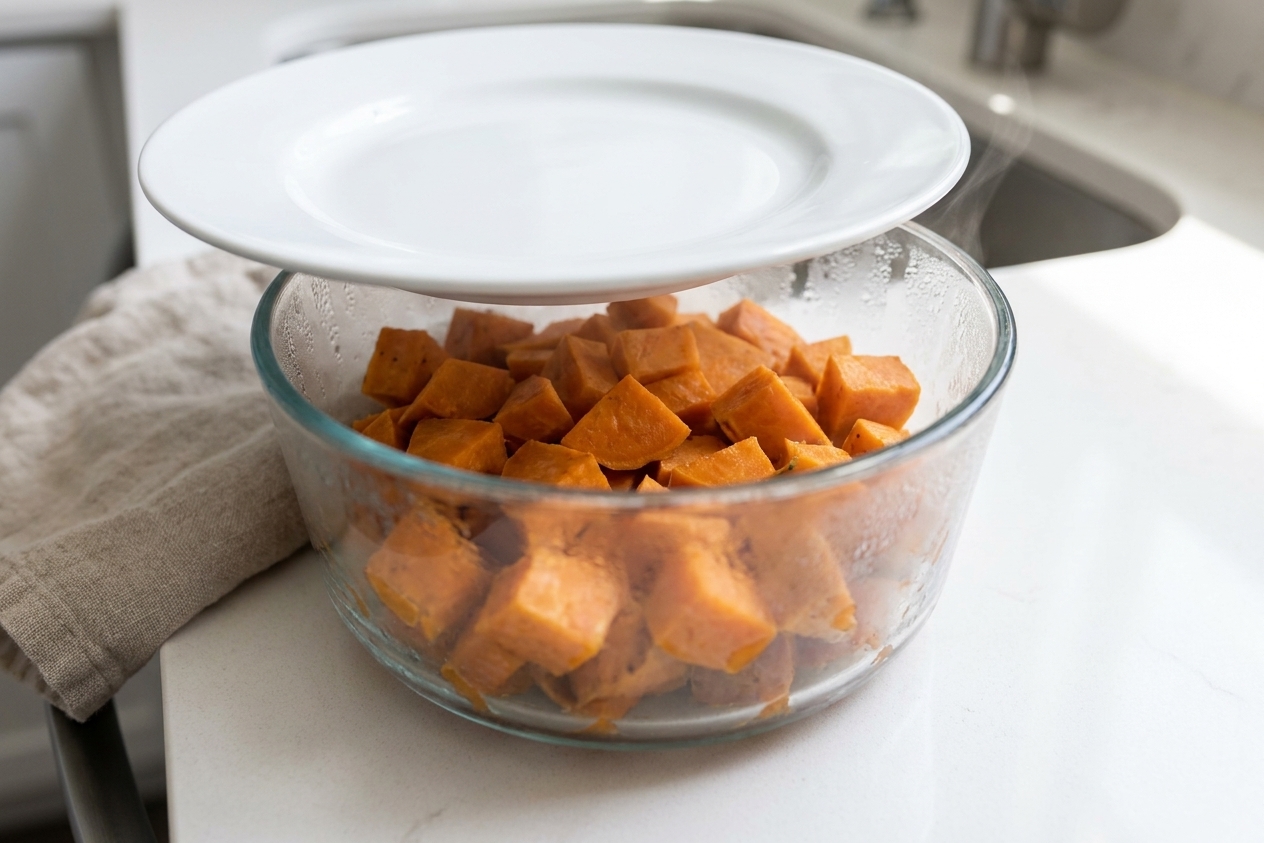 A microwave-safe bowl of partially steamed sweet potato cubes covered with a plate on a kitchen counter