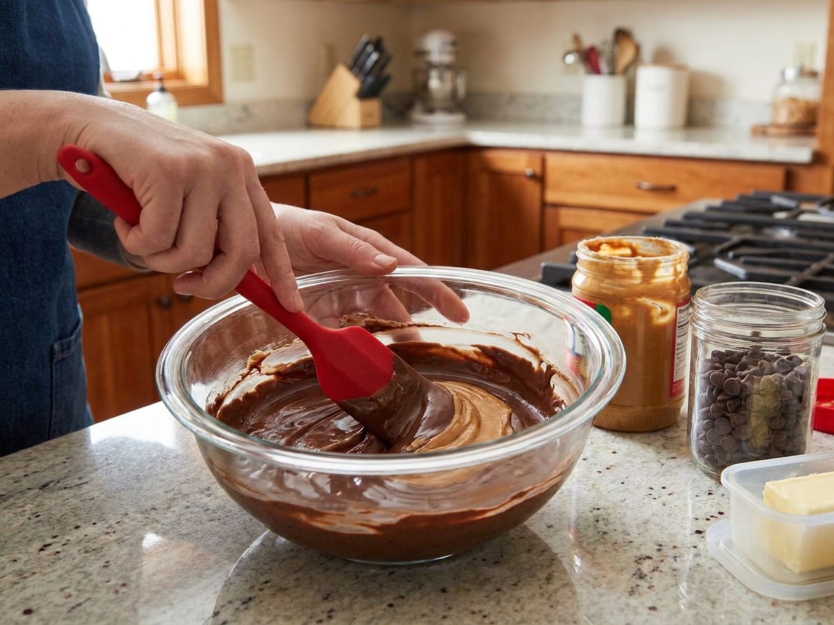A microwave-safe bowl with melted chocolate and peanut butter mixture being stirred with a rubber spatula on a clean kitchen counter