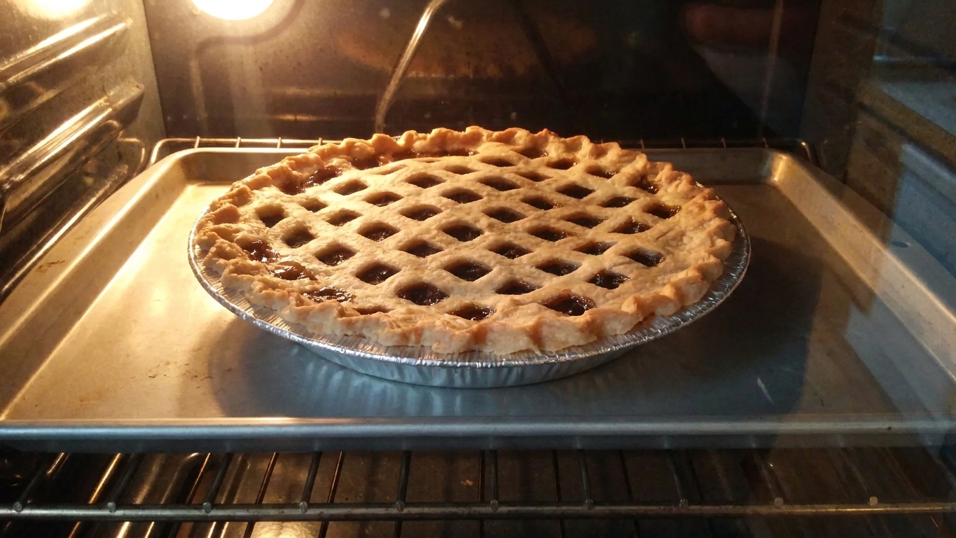 A mincemeat pie on a baking sheet inside an oven with a golden crust beginning to brown