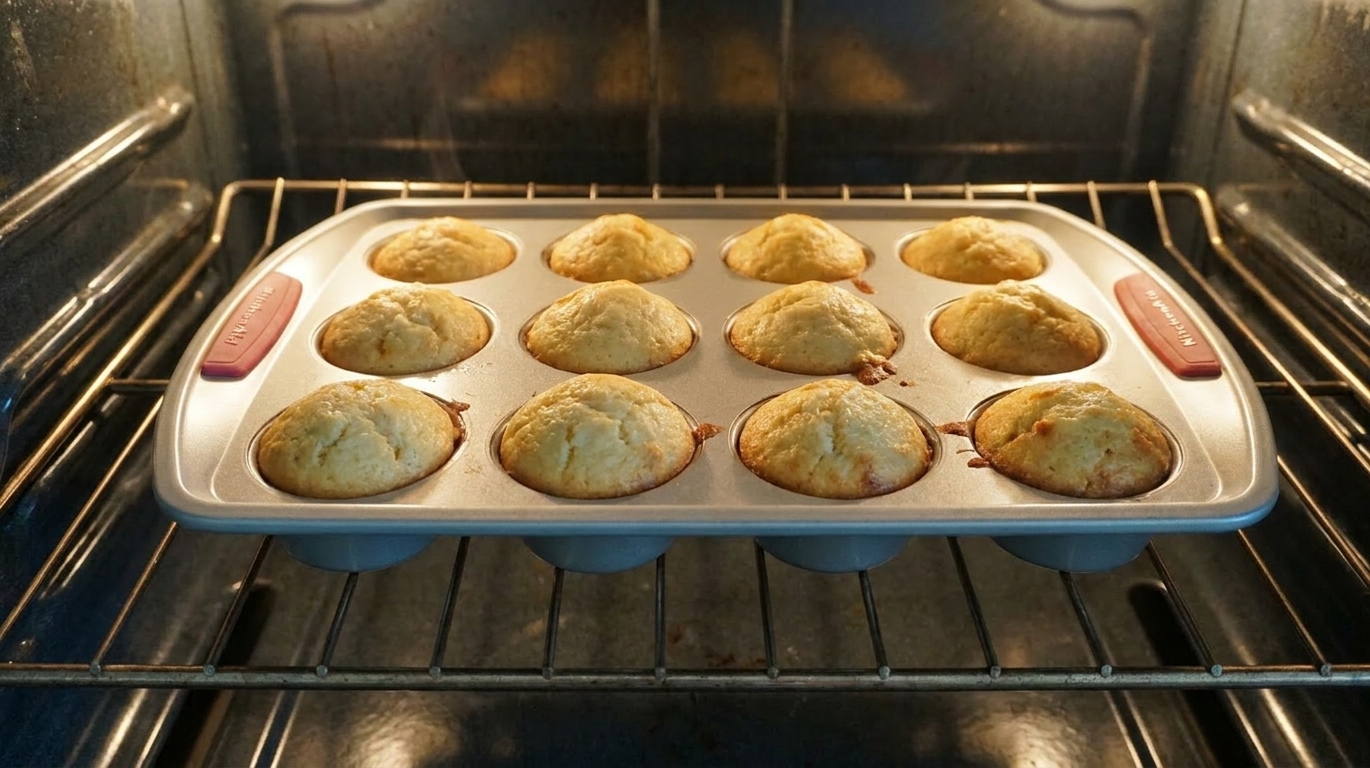 A mini muffin pan on an oven-rack with muffins rising and turning golden