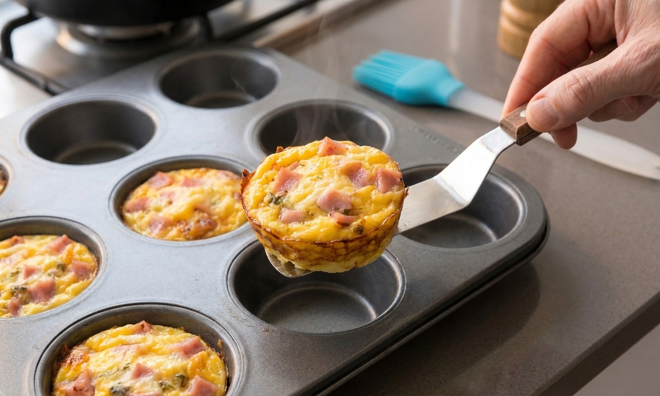 A mini quiche being lifted out of a greased muffin tin with a small offset spatula, showing crisp browned edges