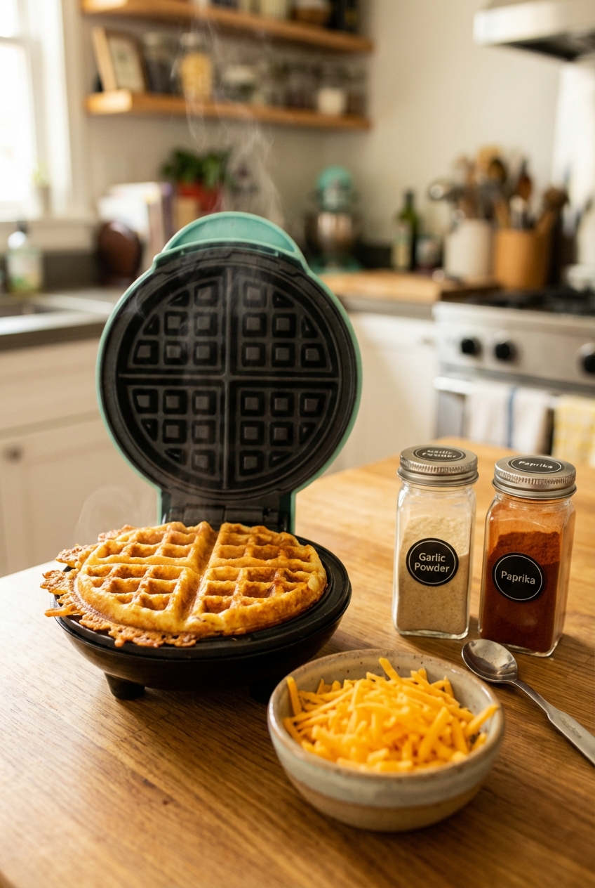 A mini waffle maker open with a just-cooked chaffle inside, steam rising, with shredded cheese and spices nearby on the counter