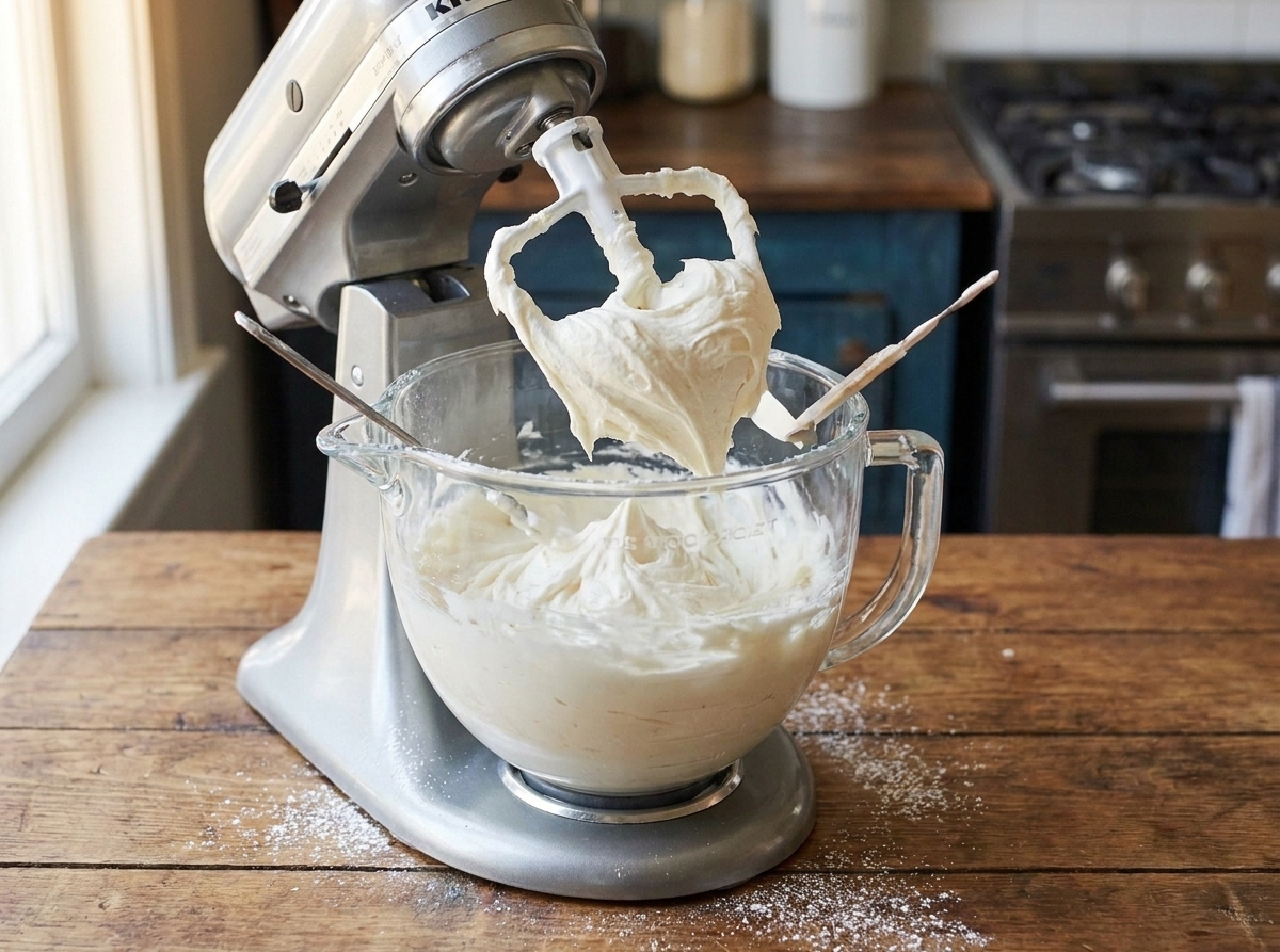 A mixer whipping a bowl of pale whipped frosting to fluffy peaks on a bright kitchen counter