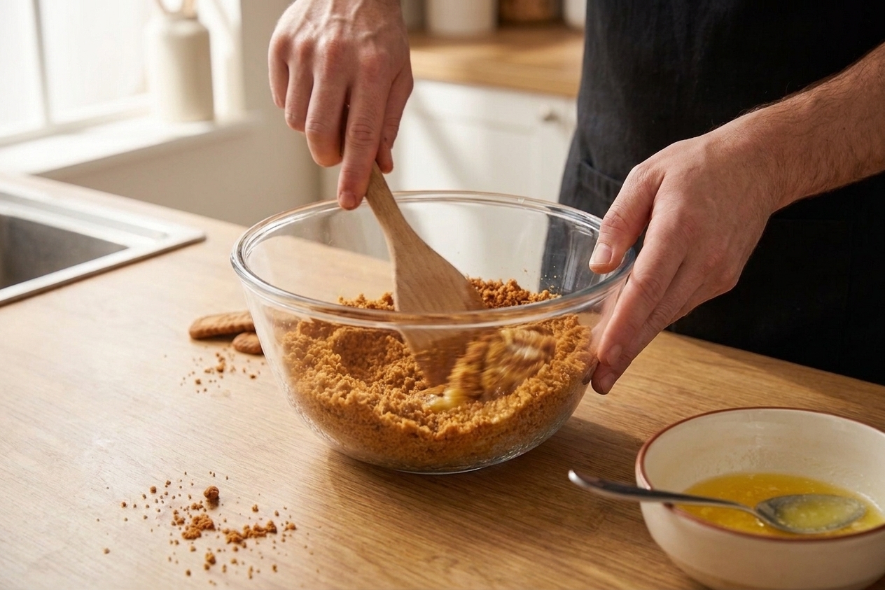 A mixing bowl filled with Biscoff cookie crumbs and melted butter being stirred with a spatula on a kitchen counter