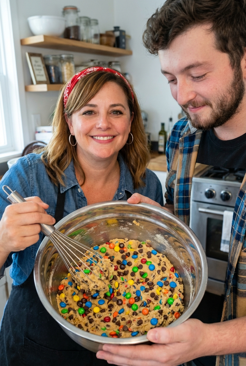 A mixing bowl filled with M&M cookie dough speckled with colorful candies and chocolate chips