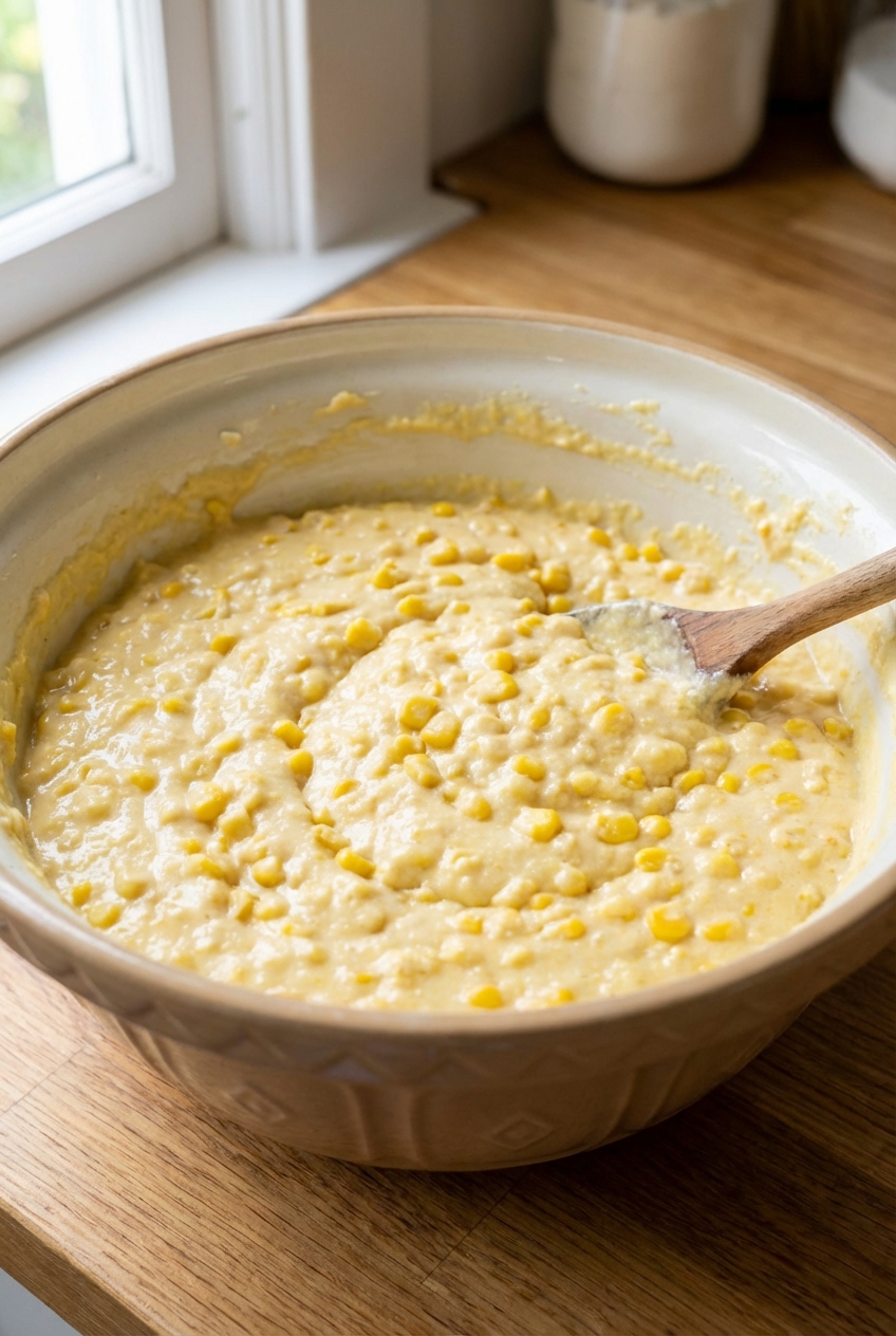 A mixing bowl filled with a pale yellow corn casserole batter with corn kernels visible