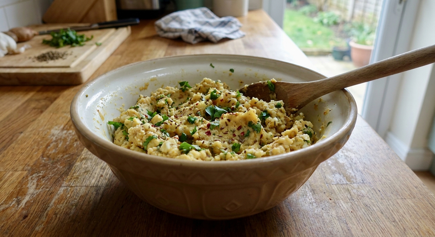 A mixing bowl filled with a paneer and mashed potato kofta mixture with visible flecks of cilantro and spices, a spoon resting on the rim, home kitchen counter scene